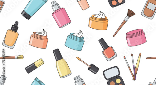 A vibrant collection of essential beauty products including skincare creams nail polish brushes and makeup palettes creates a festive and lively background.
