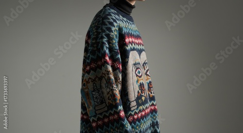 Detailed Close-up of a Man Wearing a Colorful Geometric Patterned Sweater