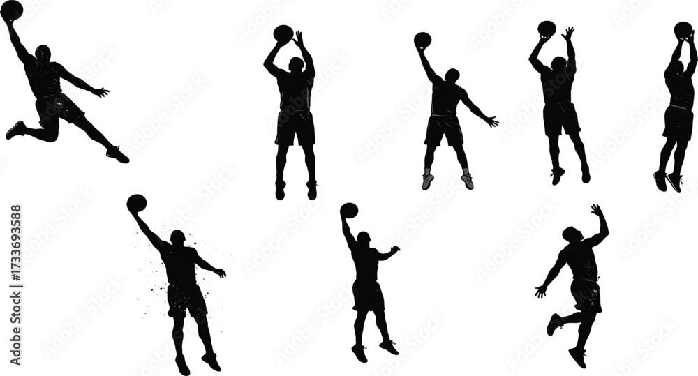 Naklejka premium Basketball, slam dunk, silhouette, mid-air pose, dunk motion, athletic jump, hoop reach, player action, vector layout, dynamic gesture, expressive movement, basketball control, sports illustration