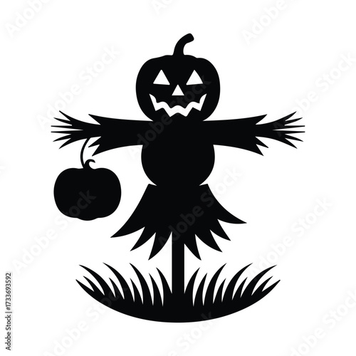 Spooky silhouette scarecrow with pumpkin head and lantern for halloween decorations and autumn harvest scenes silhouette