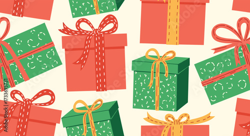 A festive pattern of colorful wrapped gift boxes with ribbons and bows for holiday celebrations.