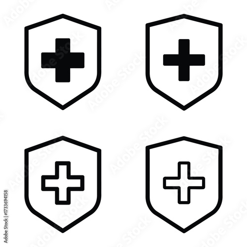 Vector art of four shield icons featuring a cross inside, two in solid black and two in outline form, , symbolizing protection and healthcare