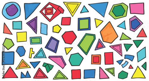 An assortment of colorful geometric shapes, including triangles, squares, hexagons, and other polygons, scattered across a white background.