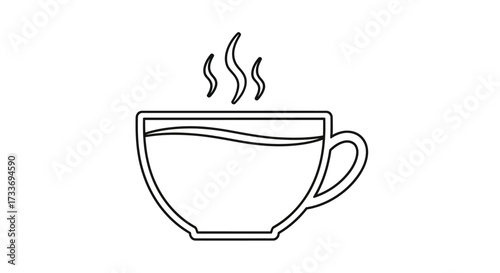 A simple line drawing of a steaming cup of a hot beverage, with a handle on the right side.