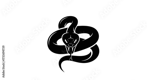 A stylized, black illustration of a coiled snake with its head raised, fangs bared, and tongue extended.