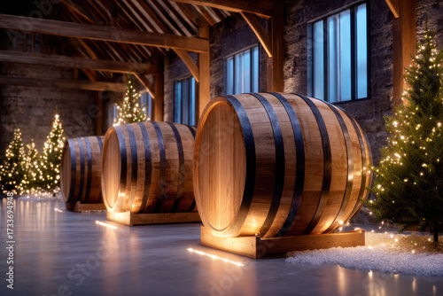 Distillery warehouse interior showcasing wooden barrels, christmas trees, and festive lights, celebrating winter holidays