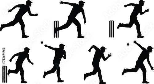 Cricket bowler silhouettes, bowling styles, black vector illustration, stumps, dynamic motion, athlete pose, sports action, game moment, pitch technique