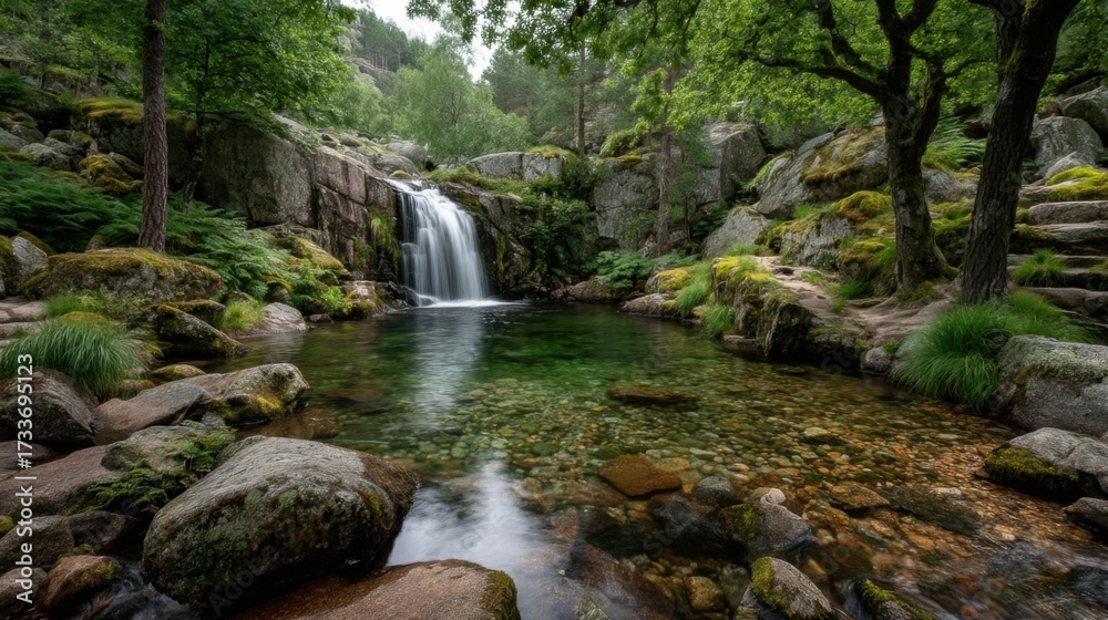 Fototapeta premium A serene waterfall cascades over moss-covered rocks into a clear stream surrounded by lush green forest with tall decidu