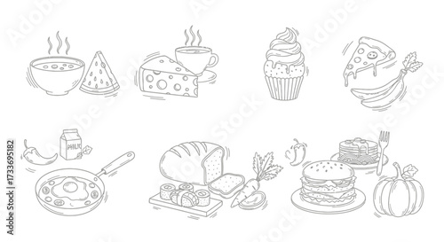 Line art illustration of various food items including soup, cheese, coffee, cupcake, pizza, eggs, bread, burger, and pumpkin.