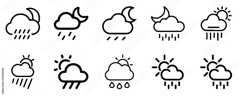 Obraz premium Weather Icon Set – Sun, Cloud, and Rain Forecast Symbols Collection
