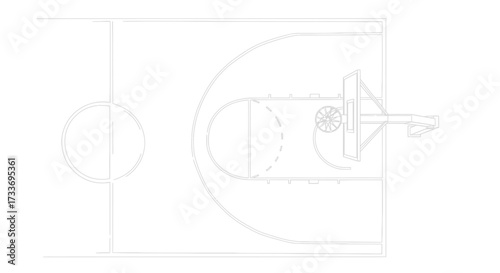 Overhead view of a basketball court showing the key elements.