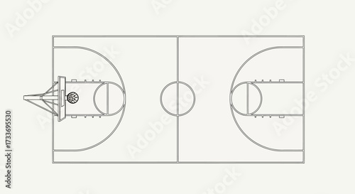 Overhead view of a basketball court diagram with a ball near the hoop, outlined in gray against a white background.