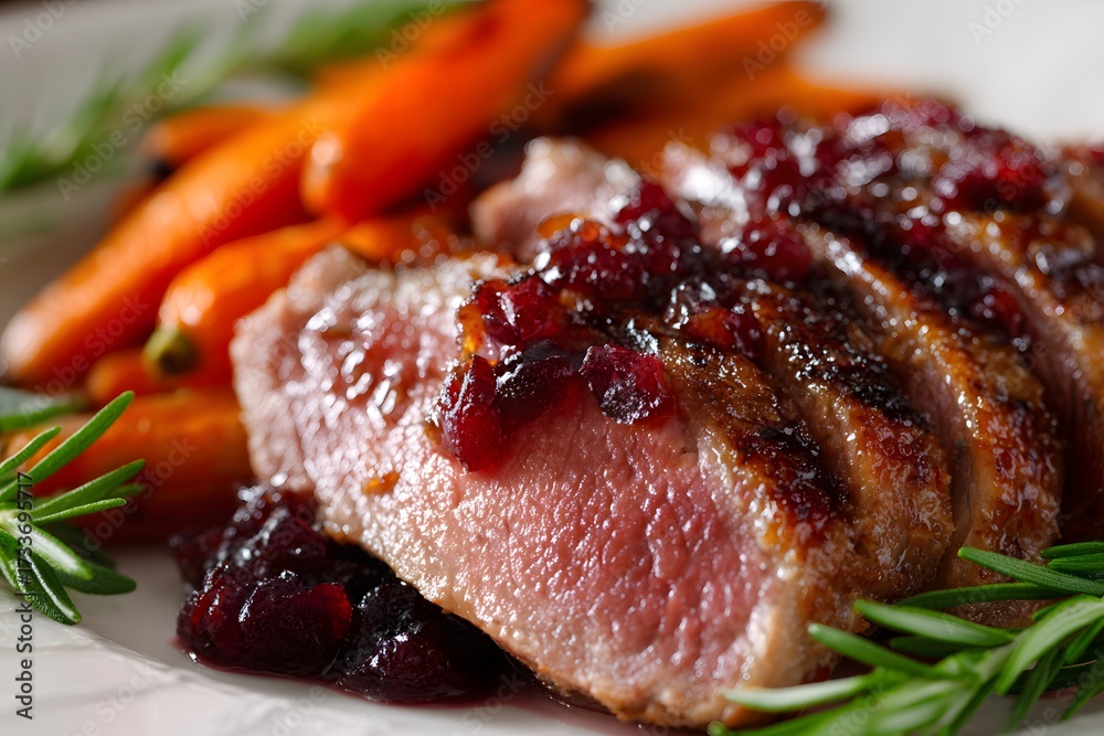 Obraz premium Sliced duck breast with cranberry glaze and roasted carrots Generative AI