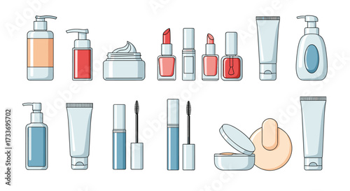 A collection of cosmetic products including bottles creams lipsticks and nail polishes.