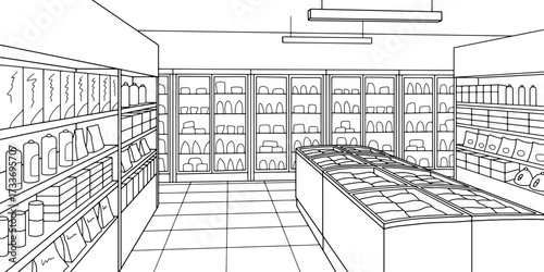 Grocery store shop interior black white graphic sketch illustration vector 