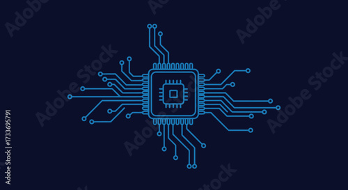 A stylized illustration of a central processing unit, depicted in blue lines.