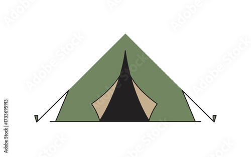 Stylized illustration of a green A-frame camping tent with an open entrance, perfect for outdoor adventures.