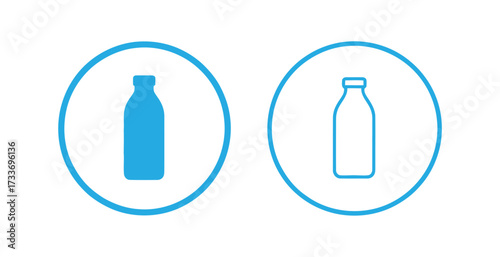 Vector art of two circular icons, each containing a milk bottle, the bottles are depicted in different styles, one filled and one outlined, both in a light blue color