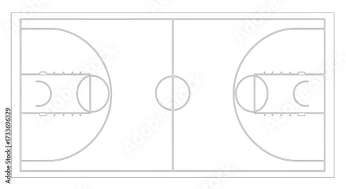 Overhead view of a basketball court with lines marking the boundaries, free throw lanes, and center circle.