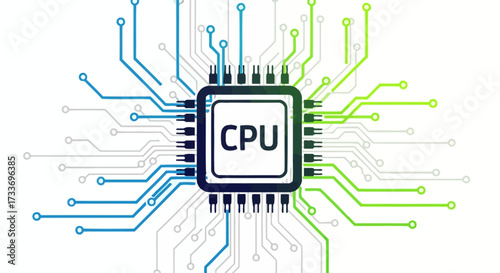 A detailed illustration of a central processing unit (CPU) with colorful circuits radiating outwards.
