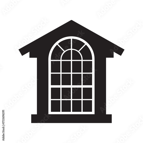 Architectural Black Silhouette Icon of a House Gable with Large Arched Grid Window Vector Graphic