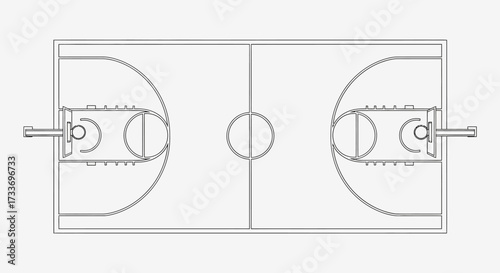 Top-down view of a basketball court layout, showing lines, hoops, and center circle.