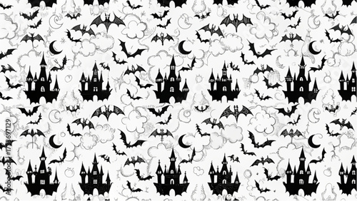 Black and white halloween pattern with bats castles clouds and moons in a spooky and festive design