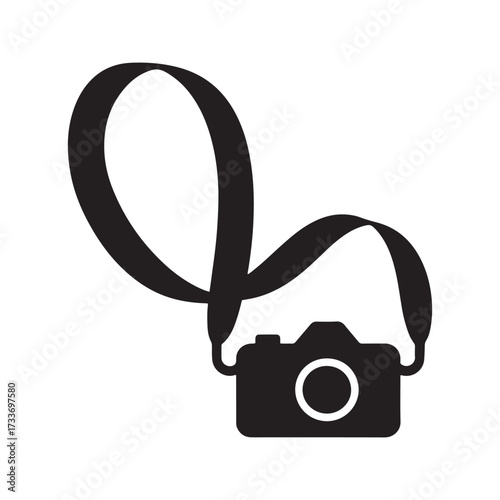Photography Camera with Neck Strap Black Silhouette Icon Vector for Travel and Digital Media