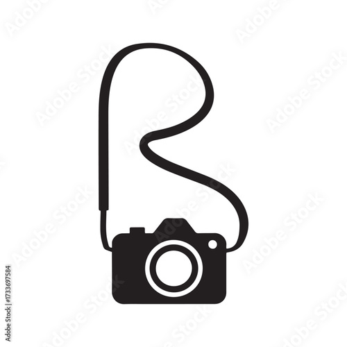 Photography Camera with Neck Strap Black Silhouette Icon Vector for Travel and Digital Media