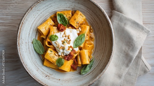 Delicious Paccheri Pasta with Burrata and Basil in Rustic Bowl.