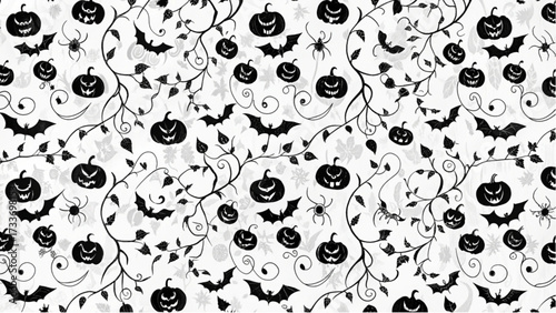 Halloween themed pattern featuring pumpkins bats spiders and vines in black and white monochrome design