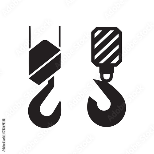 Set of Two Heavy Duty Industrial Crane Hooks Silhouette Icons Vector Illustration for Construction and Material Handling Industry