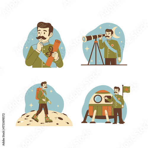 Four illustrations depict a man with a mustache in different scenarios: holding a scroll, using a telescope, walking on the moon, and standing next to a lunar module.