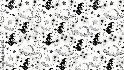 A whimsical halloween pattern featuring witches on broomsticks stars moons and clouds in black and white