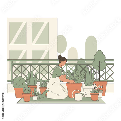 A woman kneels on a balcony, tending to her potted plants, with a watering can nearby, against a building backdrop.