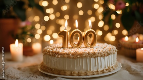 Birthday cake with a 100 on top. 100th anniversary celebration in warm indoor setting. Happy event concept.