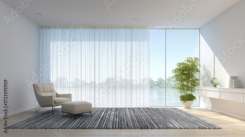A bright minimalist room features a large window showcasing a serene lake view with semi transparent curtains,