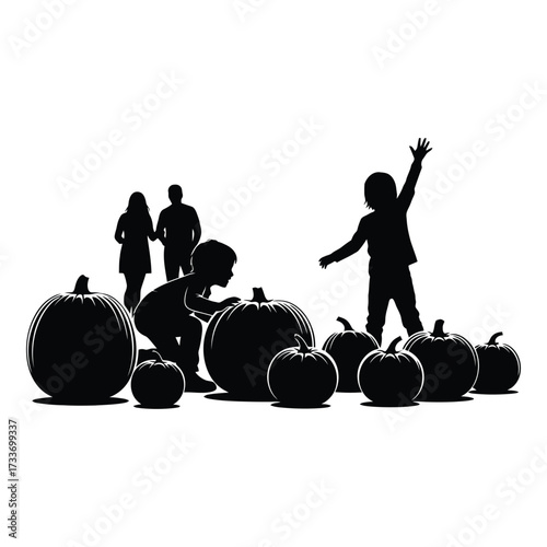 Family fun silhouettes at a vibrant pumpkin patch autumn harvest celebration 
