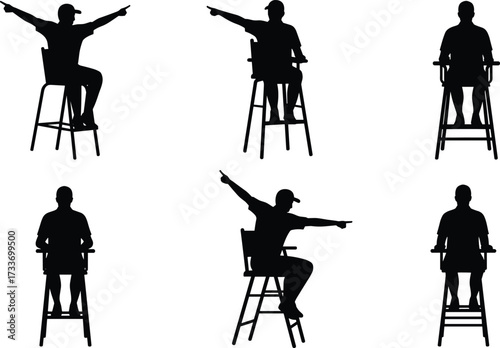 Referee chair silhouette, seated figure pointing, black vector illustration, sports official pose, isolated gesture icon, minimal design, posture variation