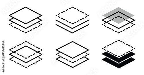 Layers icon set. Layer 1, 2, 3, 4, 5, 6, 7, 8, 9, 10. Logo layers, levels, tiers, sheets icons. Fabric floor layers symbol absorbent of material stack vector. Surface levels technology for business.