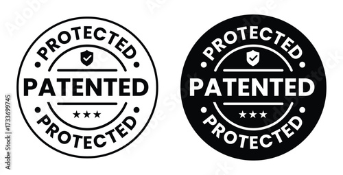 Patented Protected, Technology, Intellectual Property, Patent Applied logo, badge, icon, sticker, label, emblem, stamp, symbol, black, line circle, flat vector, isolated illustration.