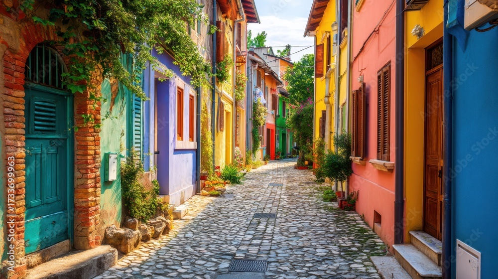 Fototapeta premium Narrow old town street with colorful houses and cobblestone pavement. Vibrant European village alley. Travel, tourism, architecture.