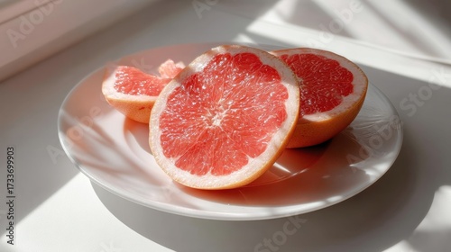 Fresh pink grapefruit halves on white plate with sunlit shadows