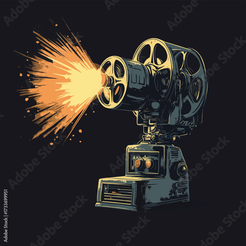 Vintage film projector casting beam of light in dark room, evoking nostalgia and cinematic history , vector style simple color