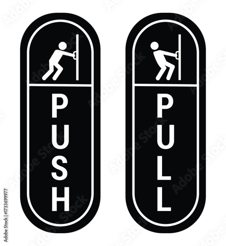 Push and Pull Door sign icon set. Push and Pull label, logo, badge, icons, sticker, emblem, stamp, symbol, black, line circle, flat vector, isolated illustration. Open and close door sign.