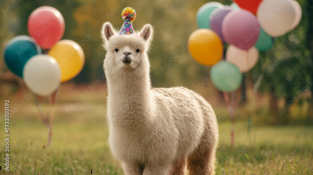 Fototapeta premium Adorable llama in a festive hat with colorful balloons on a meadow, cute outdoor holiday scene