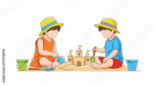Two young children wearing straw hats enthusiastically build a sandcastle together on a sunny beach.