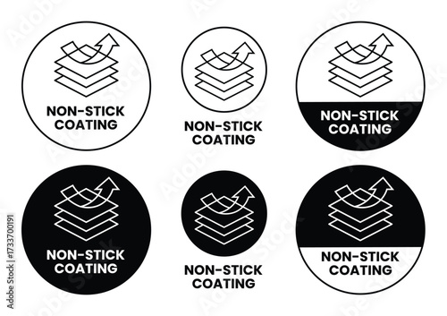 Non Stick Coating icon set. Non Stick Coating of vector labels for kitchen pan or cooking pot. Non Stick Coating logo, label, badge, sticker, symbol, emblem, black, circle, line vector isolated.