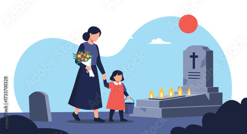 A mother and daughter visit a tombstone carrying flowers and a bucket of water in a cemetery.