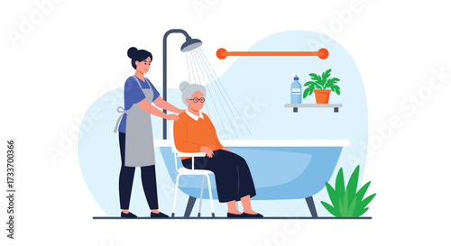 Caring assistant helps elderly woman shower in a comfortable and safe environment.